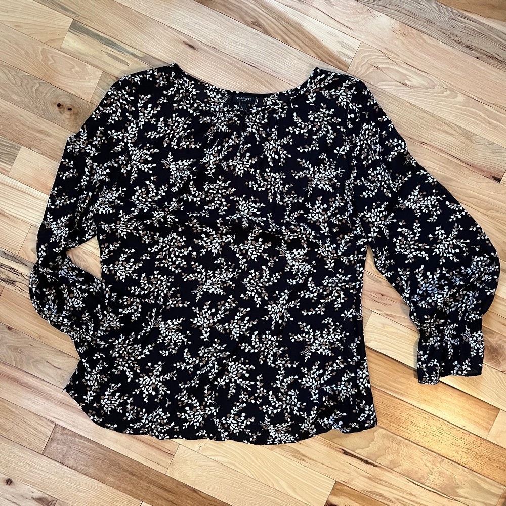 Talbots Black, White & Gold Sheer 3/4 Sleeve Blouse